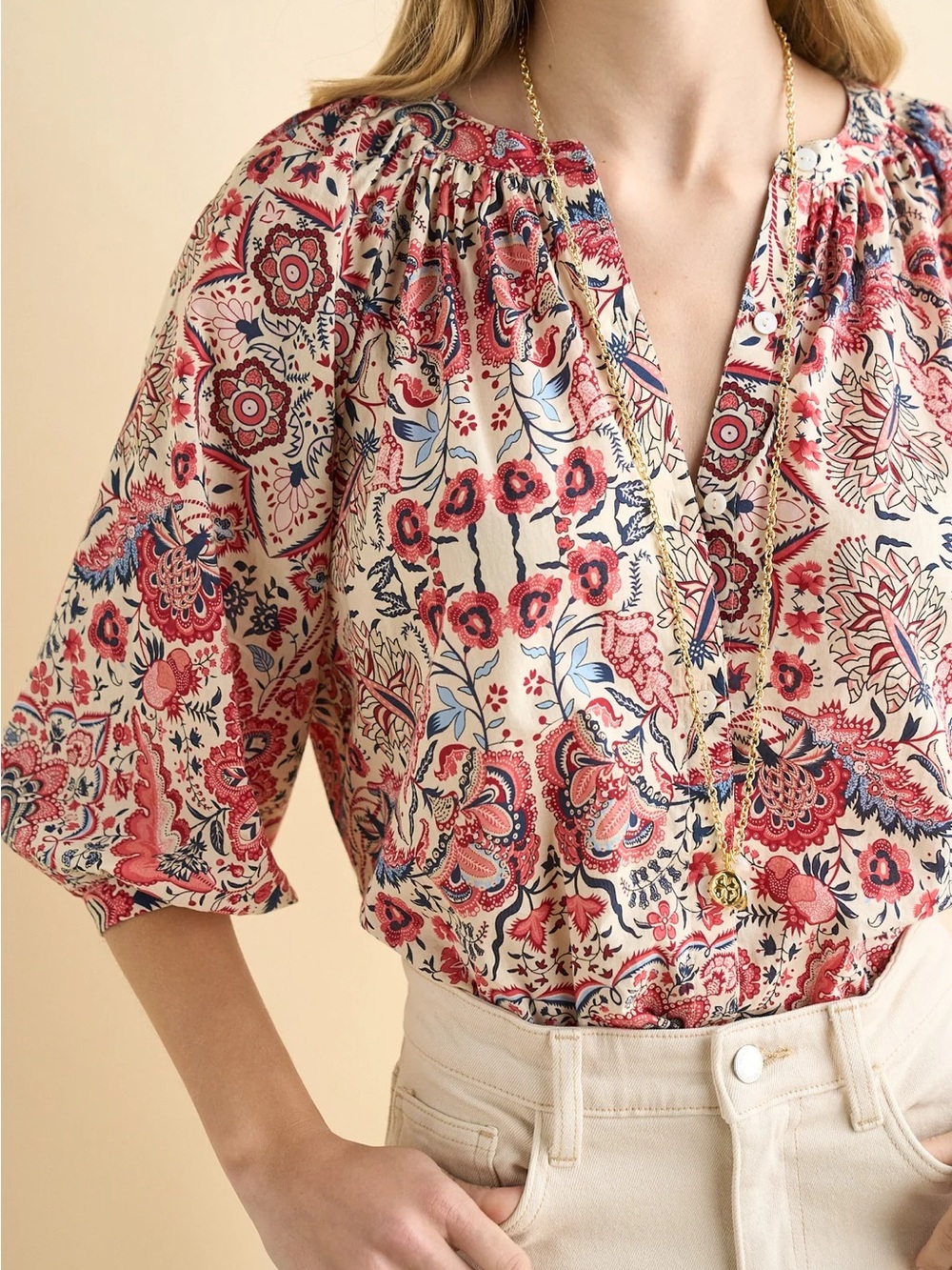 Sonmer Kelly Blouse in Red Retro Indian Block Print - Picture 2 of 3
